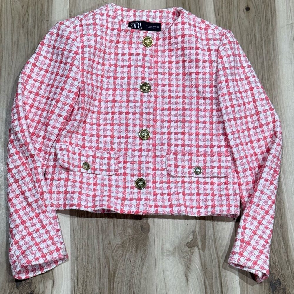 Zara Textured Houndstooth Blazer Pink White Women’s XS